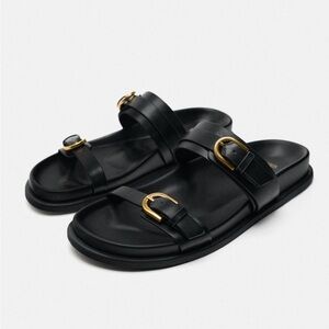 ZARA Black Buckled Leather Sandals with Gold Buckles. Size 7 (37)